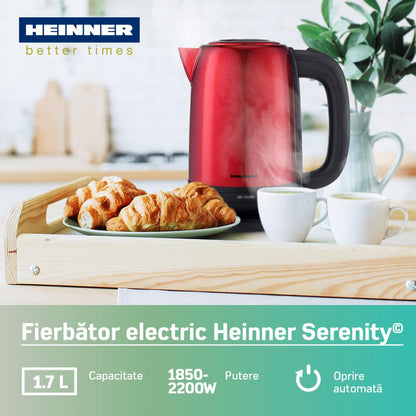 Fierbator electric Heinner HEK-2200RDSS, 1850-2200w, 1.7l, carcasa inox, filtru detasabil, Rosu