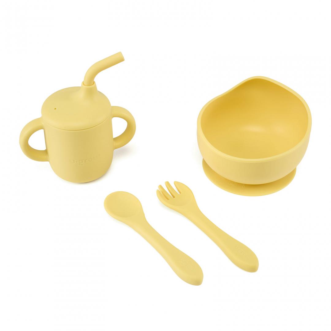 Set 4 Piese Diversificare Din Silicon: Cana Cu Pai, Bol , Lingurita Si Furculita, U-Grow