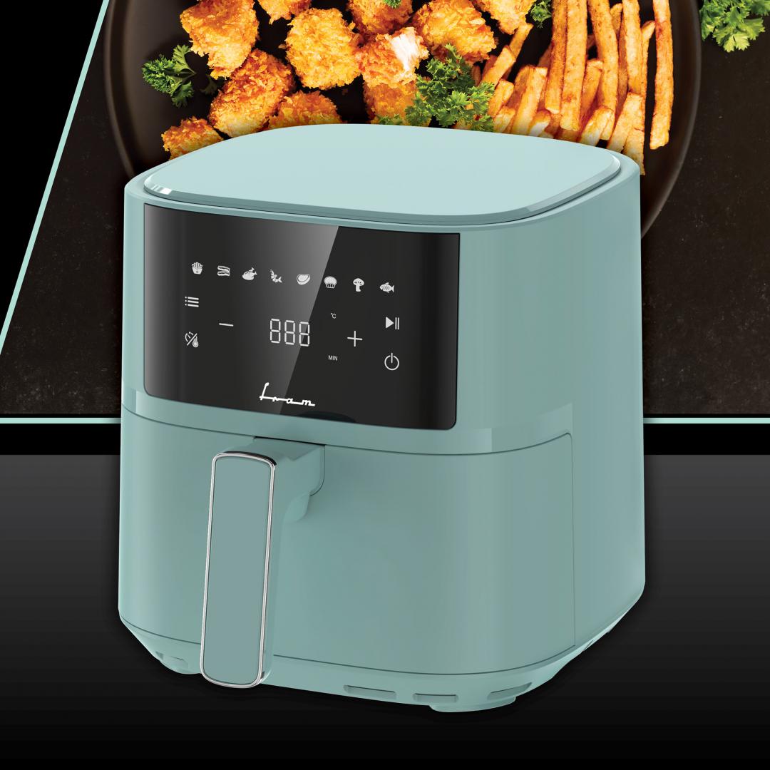 Friteuza cu aer cald Fram FAF-B6GR17SQ, 1700W-2200W, capacitate 5.7L, 8 programe presetate, panou de comanda electronic, timp maxim de preparare: 60 min, Verde