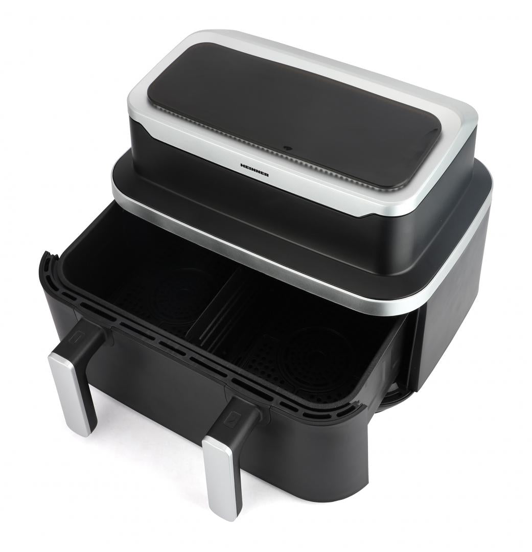 Friteuza dubla cu aer cald Heinner match&sinc HAF-DDB9BK26, 2600w, capacitate totala 9l, control digital individual, termostat reglabil 60-200 grade, negru