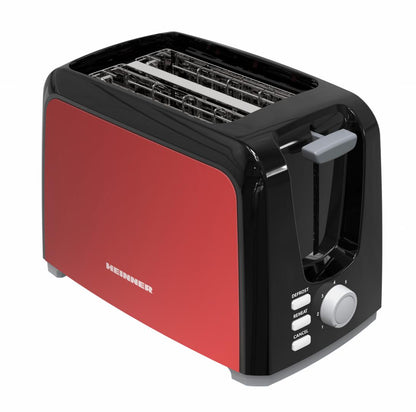 Prajitor de paine Heinner Tasty 700BKRD HTP-700BKRD, 2 felii, 7 niveluri de rumenire, functii: Decongelare, Reincalzire, Autocentrare a feliilor de paine, Tavita pentru firimituri detasabila, Spatiu depozitare cablu, Ornamente din inox, 750W, Negru/ Rosu