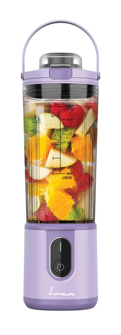 Blender portabil Fram FBP-P74PP, 10-15 minute autonomie, lame inox, mov, 400 ml, 110 W