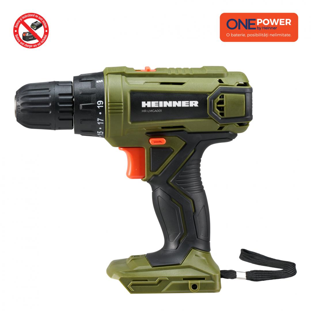Cod produs: HR-LMGA001 Masina de gaurit si insurubat (bormasina) pe acumulator Heinner HR-LMGA001, 18 V, 1100 RPM, 35 Nm, 10 mm mandrina, tehnologie OnePower, fara acumulator/incarcator