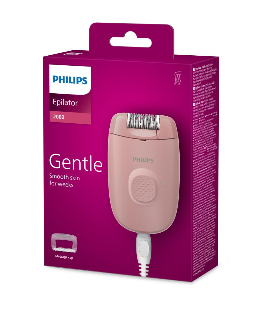 Epilator Philips Seria 2000 BRE227/00, 1 setare de viteza, cap de epilare lavabil, 1 accesoriu pentru corp si picioare, Roz