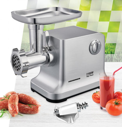 Masina de tocat Heinner MG-2100SS, 2100W, Accesoriu rosii, Accesoriu carnati, Cutit si site inox, Silver