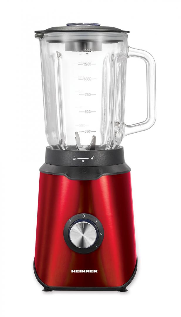 Blender de masa Heinner Vitality 1000, 1000W, bol sticla 1.5L, 3 viteze+Pulse, 6 lame detasabile din inox, inox, rosu