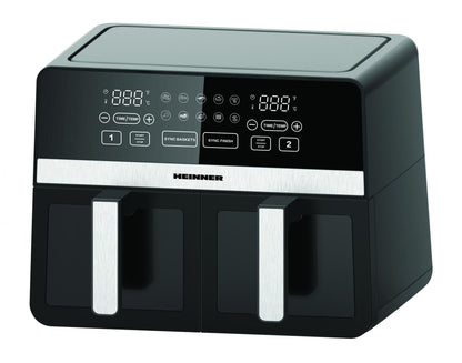 Friteuza dubla cu aer cald Heinner SimCook HAF-K10DB24BK, 2400W, capacitate 9.5L, termostat reglabil cu afisaj LED, control digital individual, 10 programe prestabilite, temporizator 60 min. cu avertizare sonora, Negru