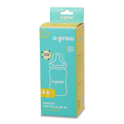 Biberon de sticla 180 ml+2 tetine, U-Grow