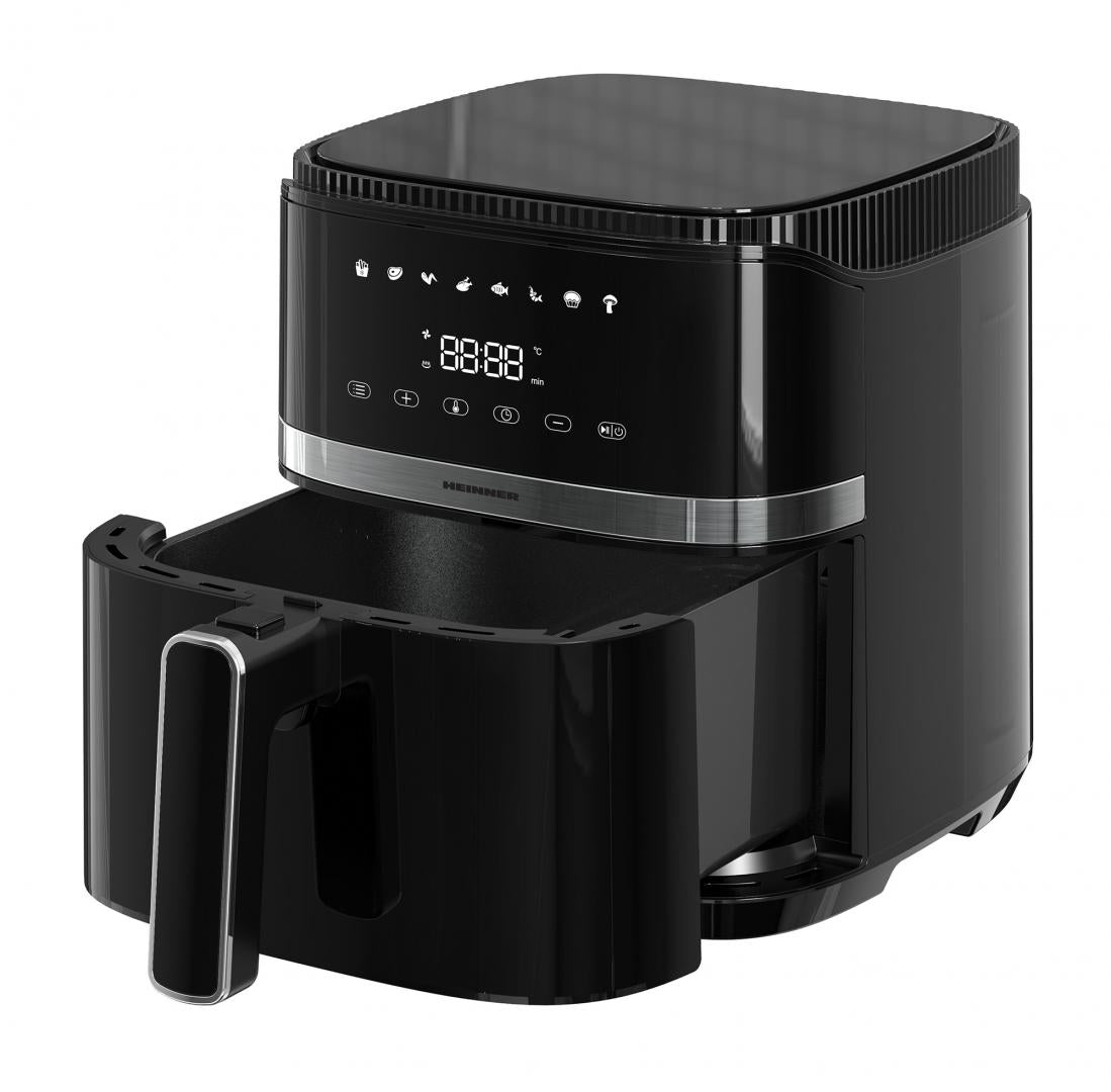 Friteuza cu aer cald Heinner Varietyfry Airfryer HAF-B5BK1500, 1500w, capacitate: 5l, display digital cu control touch, timer 60 min, temperatura 80-200 grade, 8 programe presetate, suport teflonat detasabil, oprire automata, negru