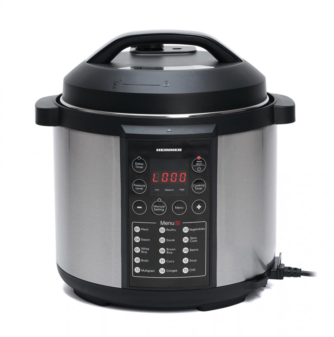 Multicooker cu gatire sub presiune Heinner HPCK-6IX, 3.8 L, 15 programe, vas antiadeziv detasabil, presiune reglabila, timer, display led, inox