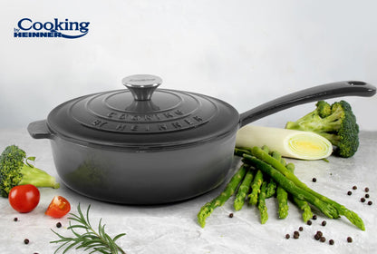 Tigaie 2.5L adanca Cooking by Heinner Marble Grey cu capac, fonta emailata, 24X8 cm