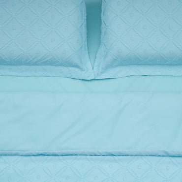 Lenjerie de pat king size pentru 2 persoane Tuff Heinner Home, cearsaf pilota 200x220 cm, cearsaf pat 220x240 cm, 2 fete de perna oxford 50x70+5 cm, microfibra, broderie Tuffata, bleu