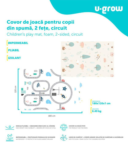 Covor de joaca pentru copii U-Grow, din spuma, pliabil, 2 fete, impermeabil, izolant, 120 x 180 x 1 cm, circuit