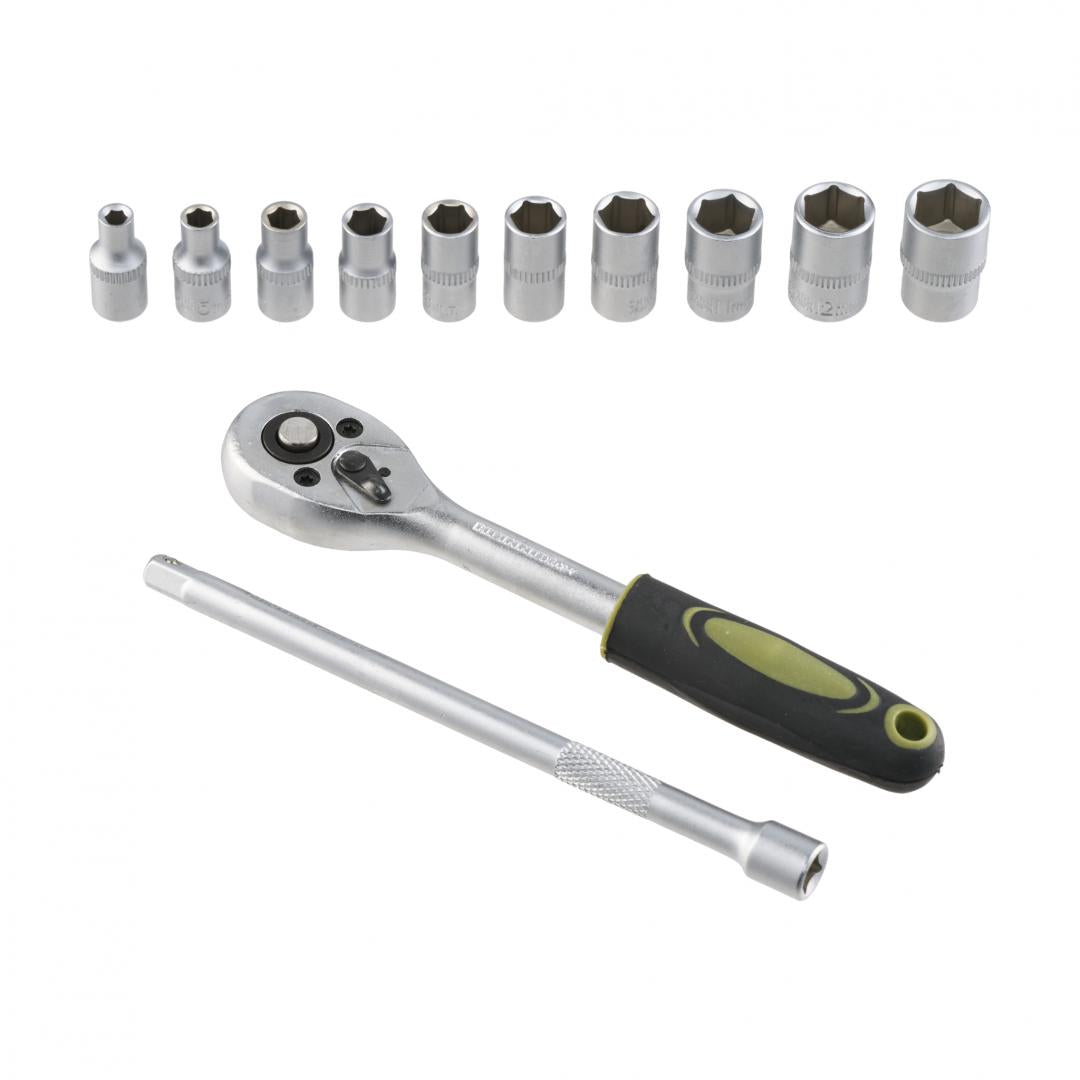 Set 12 piese Heinner CR-V, 1/4", 10 chei tubulare 4-13 mm dimensiune, cheie cu clichet reversibila 1/2", bara de extensie