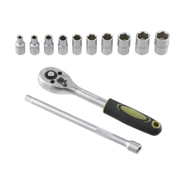 Set 12 piese Heinner CR-V, 1/4", 10 chei tubulare 4-13 mm dimensiune, cheie cu clichet reversibila 1/2", bara de extensie