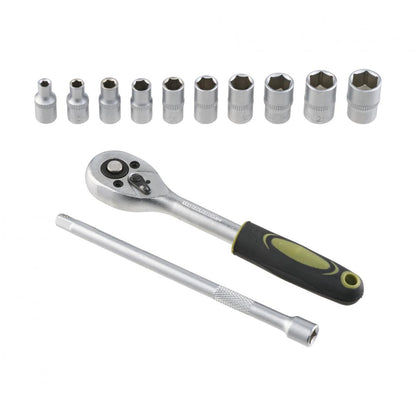 Set 12 piese Heinner CR-V, 1/4", 10 chei tubulare 4-13 mm dimensiune, cheie cu clichet reversibila 1/2", bara de extensie