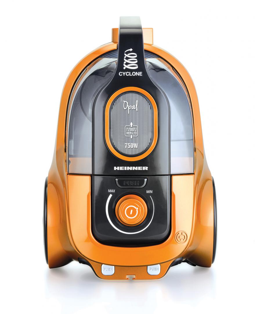 Aspirator fara sac Heinner HVC-V750OR, 750 W, 2.2 l, Filtrare ciclonica, Filtru Hepa dublu 13, Negru / Portocaliu