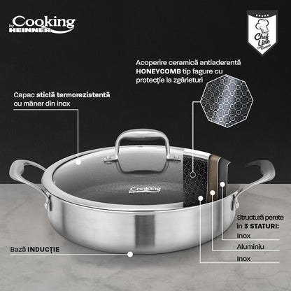 Cratita cu capac sticla Cooking by Heinner Titanium, 3 straturi, inox, 30 x 7.8 cm, 4.8 L