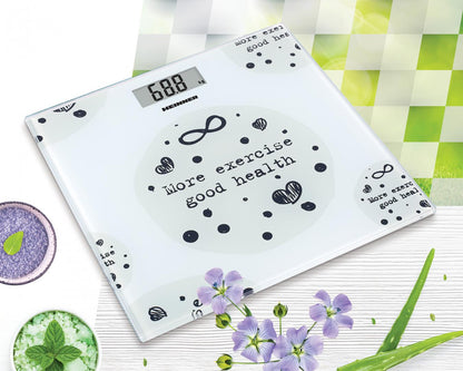 Cantar de persoane Heinner HBS-150MSJ, 150kg, sticla securizata 6mm, 30 x 30 cm, display lcd, Alb