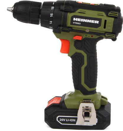 Masina de gaurit si insurubat (bormasina) pe acumulator Heinner VTE003, 20 V, 1500 RPM, 30 Nm, 18+1 trepte tensiune, acumulator, incarcator