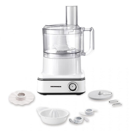 Robot de bucatarie Heinner FineGourmet FHP-K1000WP, 1000W, 6 viteze+pulse, bol procesare: 2.3L, lame inox, disc framantare, 3 lame feliere, disc emulsifiere, cana plastic 1.5l, storcator citrice, alb