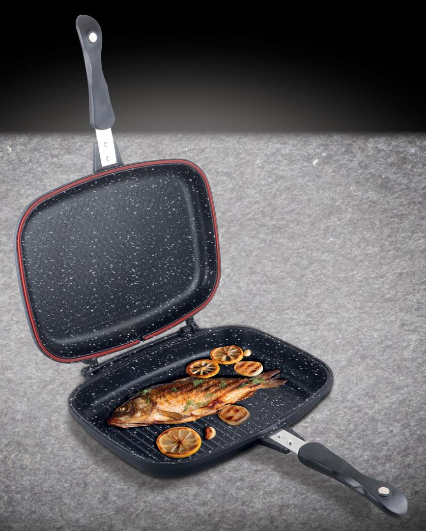 Tigaie dubla grill Cooking by Heinner Dark Line, dreptunghiulara, aluminiu, 32x24x7.5 cm