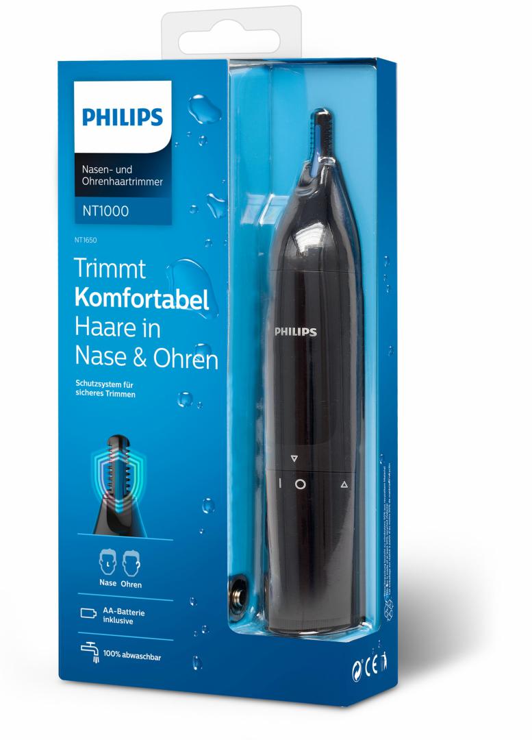 Trimmer pentru nas/urechi Philips NT1650/16, baterie, lavabil, tehnologie Precision Trim, otel inoxidabil, Negru