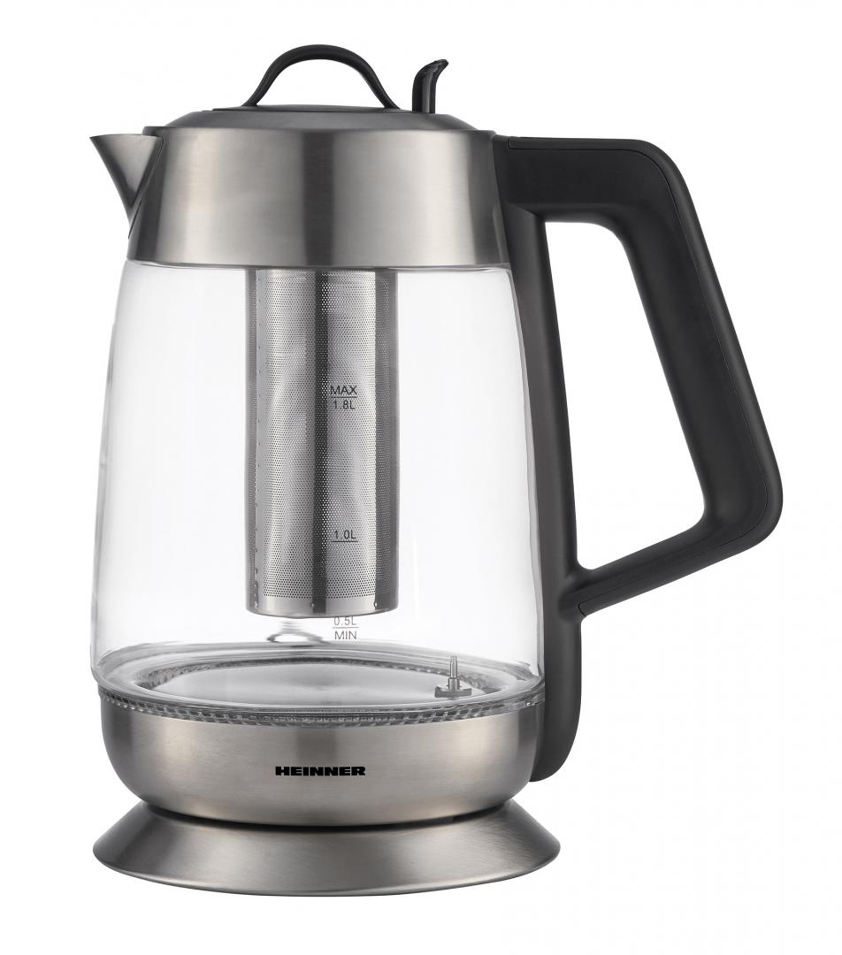Fierbator cu filtru de ceai Heinner HEK-TF18GX, 1.8 L, 5 setari temperatura, iluminare colorata, control touch, element inox, oprire automata, Inox/Sticla