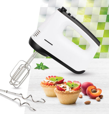 Mixer de mana Heinner White Orchid HM-400WHBK, 400W, 6 viteze + Turbo, teluri si carlige din inox, Alb/Negru