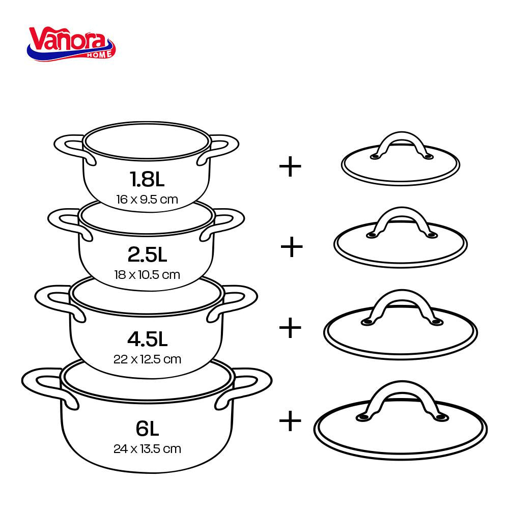 Set de oale pentru gatit Vanora Home Medina, 8 piese, inox, inductie, 16/18/22/24 cm, 1.8/2.5/4.5/6 L