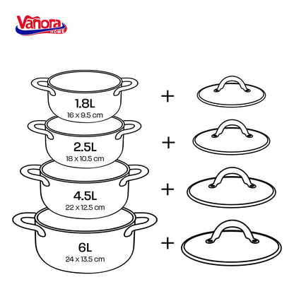 Set de oale pentru gatit Vanora Home Medina, 8 piese, inox, inductie, 16/18/22/24 cm, 1.8/2.5/4.5/6 L