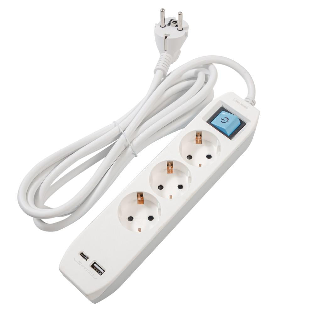 Prelungitor Spacer, Schuko X 3, Conectare Prin Schuko (T),Type-C X1, Usb X 1, 3.1A, Cablu 3M, 16 A, Max. , Protectie Copii, Protectie Supratensiune, -Alb