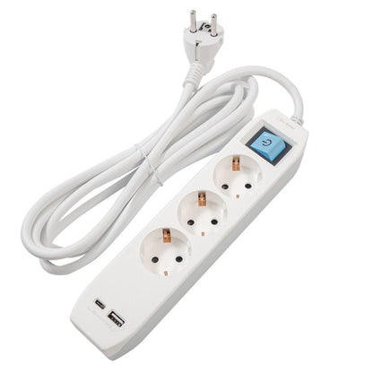 Prelungitor Spacer, Schuko X 3, Conectare Prin Schuko (T),Type-C X1, Usb X 1, 3.1A, Cablu 3M, 16 A, Max. , Protectie Copii, Protectie Supratensiune, -Alb