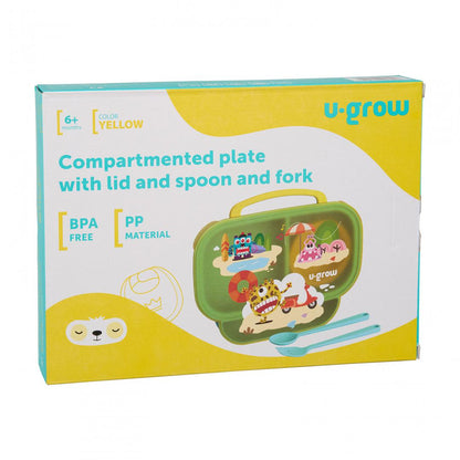 Farfurie compartimentata cu capac si lingurita si furculita, galbena, U-Grow