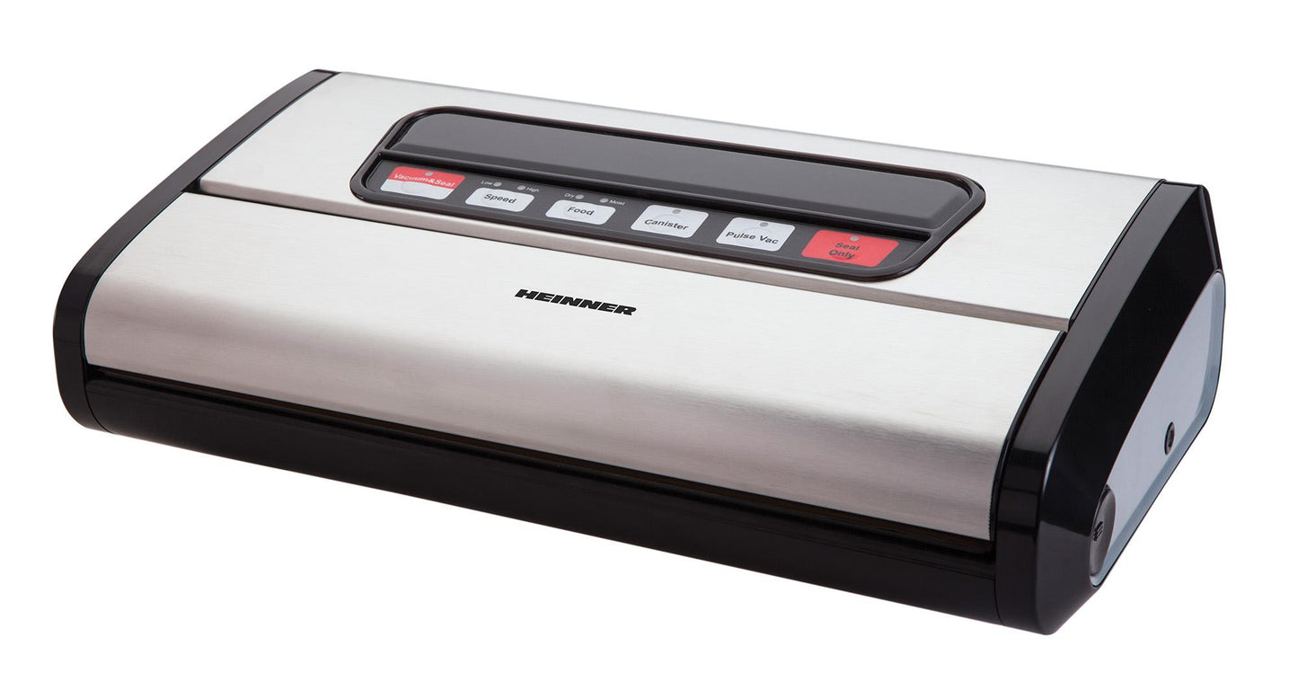 Aparat de vidat si sigilat Heinner HAV-165BKSS, vidare uscata/ umeda, pompa si sigilare dubla, sistem racire banda sigilare, furtun pentru caserole, cutter incorporat, compatibil cu pungi latime 32 cm, capacitate vidare 16 l/ min, 0.85 bar, 165W, inox