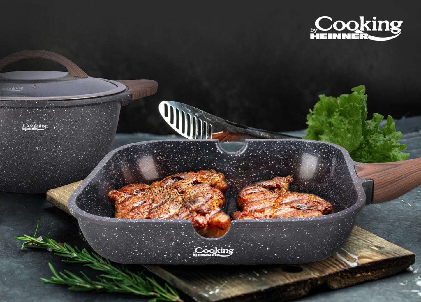 Set pentru gatit cu 6 piese Cooking by Heinner, aluminiu turnat, interior ceramic cu aspect marmorat, capace din sticla