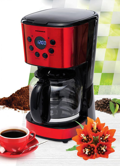 Cafetiera digitala Heinner HCM-1500RDIX, 900 W, 1.5 L, Timer, Display Led, fara BPA, Rosu/Negru