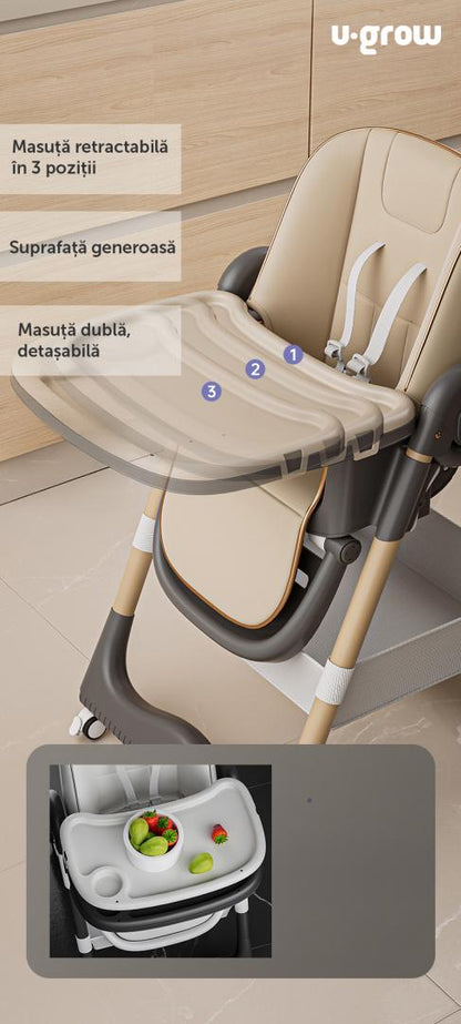 Scaun de masa cu inaltime reglabila, spatar ajustabil in 4 pozitii, pliabil, brown, U-Grow
