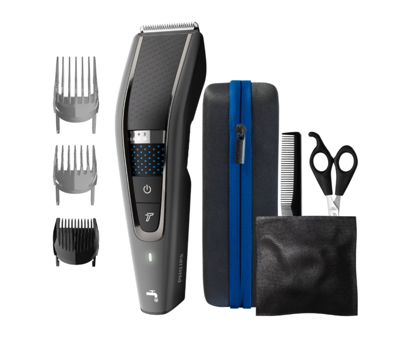 Masina de tuns PHILIPS Seria 7000 HC7650/15, 28 setari de lungime (0.5-28 mm), 120 min autonomie fara fir /nelimitat cu fir, lame din otel inoxidabil cu autoascutire, 100% rezistent la apa, tehnologie Trim-and-Flow, Negru/Albastru