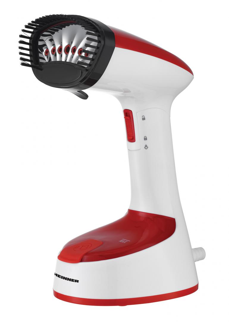 Aparat de calcat vertical Heinner Charon HGS-1400RD, 1240-1470W, talpa din inox, abur continuu cu buton blocare, rezervor apa fix, pliabil pentru depozitare usoara, perie inclusa, debit abur 18+-4g/min, capacitate rezervor apa 120ml, alb/rosu