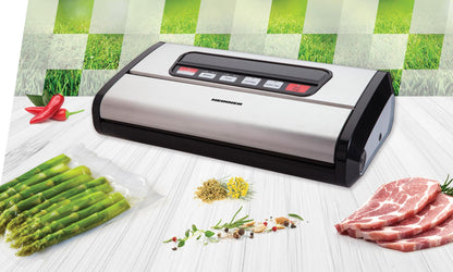 Aparat de vidat si sigilat Heinner HAV-165BKSS, vidare uscata/ umeda, pompa si sigilare dubla, sistem racire banda sigilare, furtun pentru caserole, cutter incorporat, compatibil cu pungi latime 32 cm, capacitate vidare 16 l/ min, 0.85 bar, 165W, inox