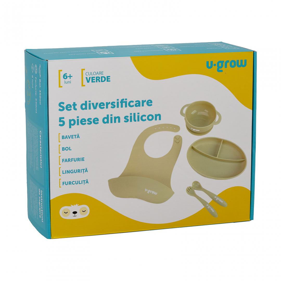 Set diversificare 5 piese silicon : baveta, bol, farfurie, lingurita si furculita, olive, U-Grow