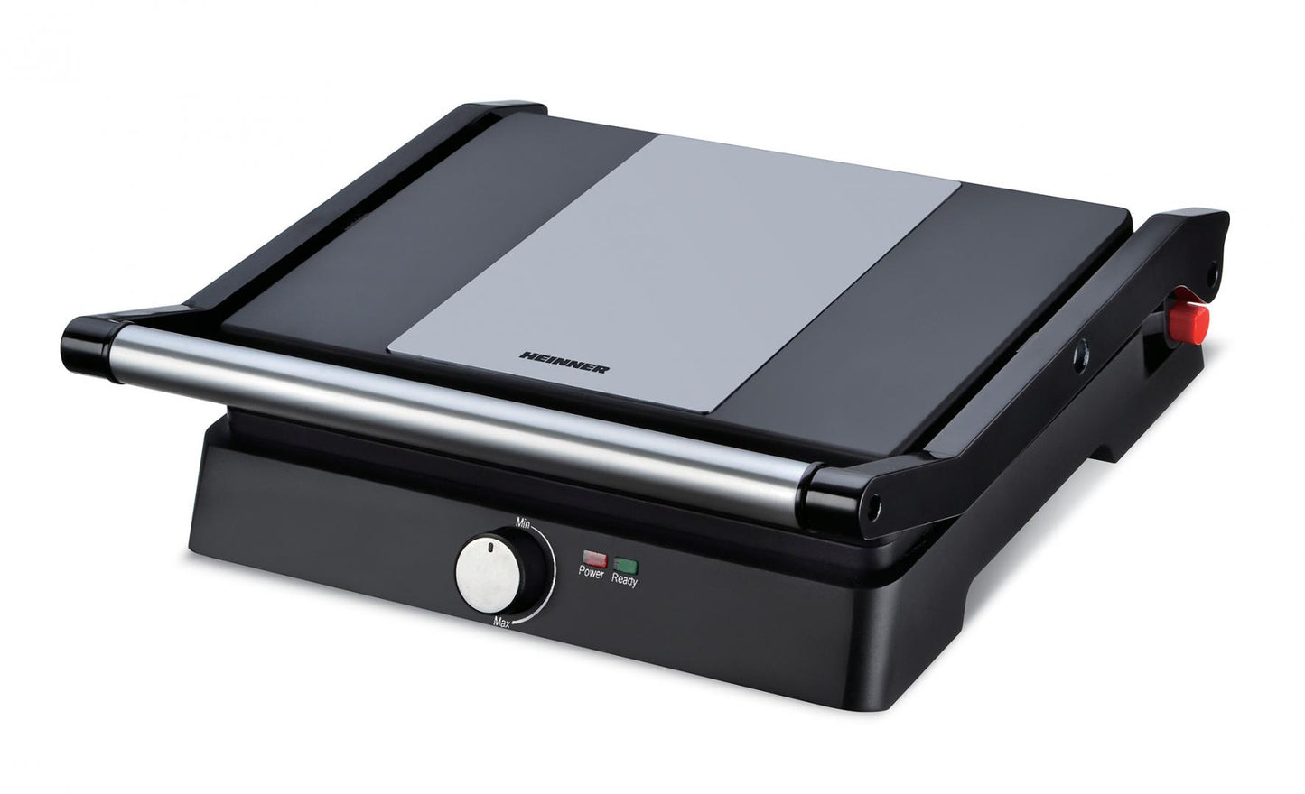 Gratar electric Heinner HEPG-F2000BKSS, placi fixe antiadezive, deschidere 180°, temperatura reglabila, Negru/Inox