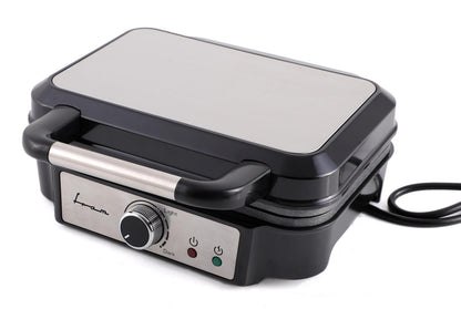 Aparat de facut gofre/vafe Fram FAG-M1000BKSS, 1000W, capacitate 2 gofre, placi fixe cu invelis antiaderent, temperatura ajustabila, indicator luminos, decoratiune inox capac, maner si panel, negru/gri