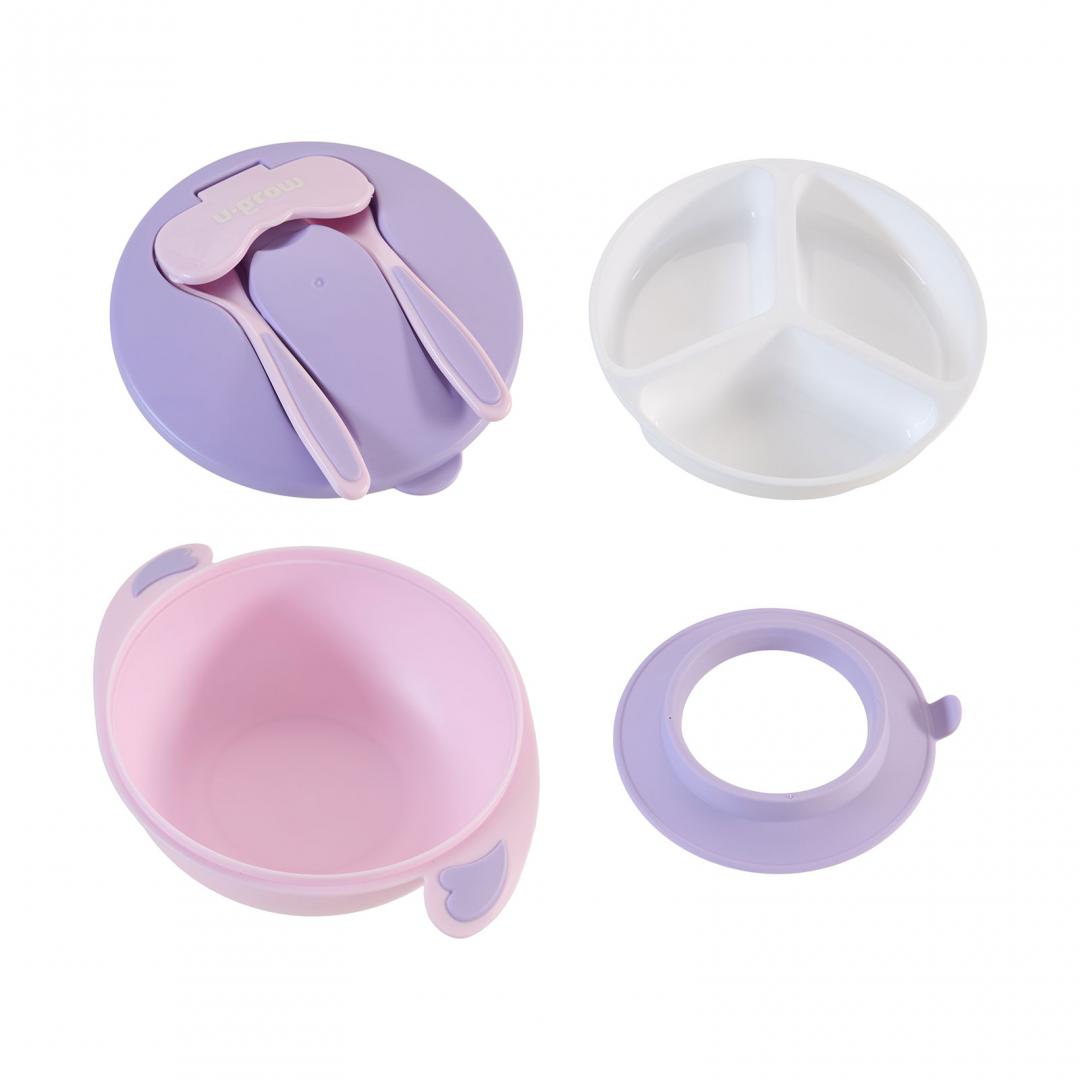 Bol Compartimentat Cu Ventuza Antialunecare Si Capac Cu Lingurita Si Furculita, U-Grow