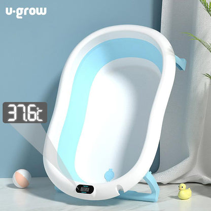 Cadita Cu Pernuta Pentru Bebelusi, Termometru Digital Incorporat, Pliabila, Dop Se Scurgere, Picioare Anti-Alunecare , Blue, U-Grow