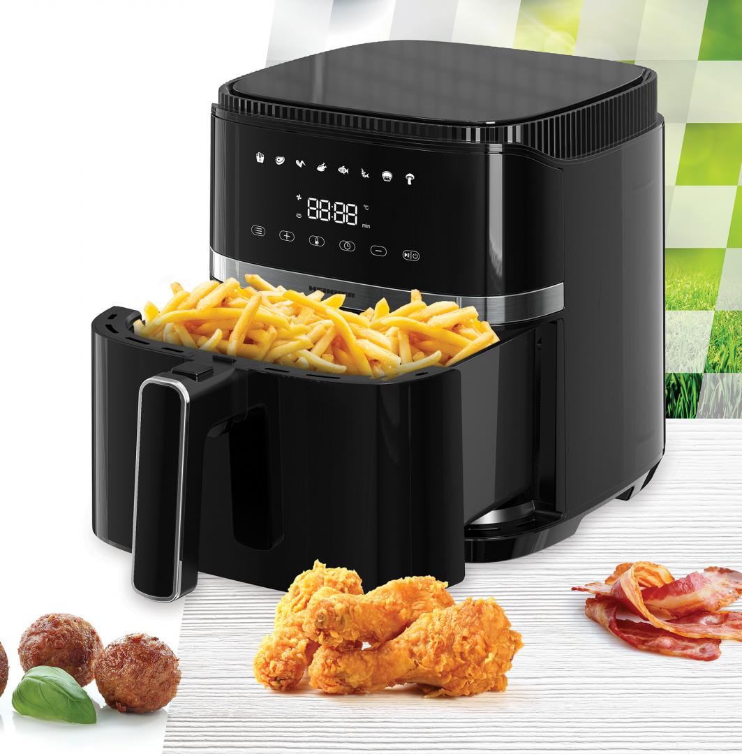 Friteuza cu aer cald Heinner Varietyfry Airfryer HAF-B5BK1500, 1500w, capacitate: 5l, display digital cu control touch, timer 60 min, temperatura 80-200 grade, 8 programe presetate, suport teflonat detasabil, oprire automata, negru