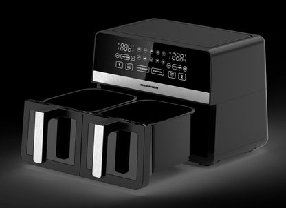 Friteuza dubla cu aer cald Heinner SimCook HAF-K10DB24BK, 2400W, capacitate 9.5L, termostat reglabil cu afisaj LED, control digital individual, 10 programe prestabilite, temporizator 60 min. cu avertizare sonora, Negru