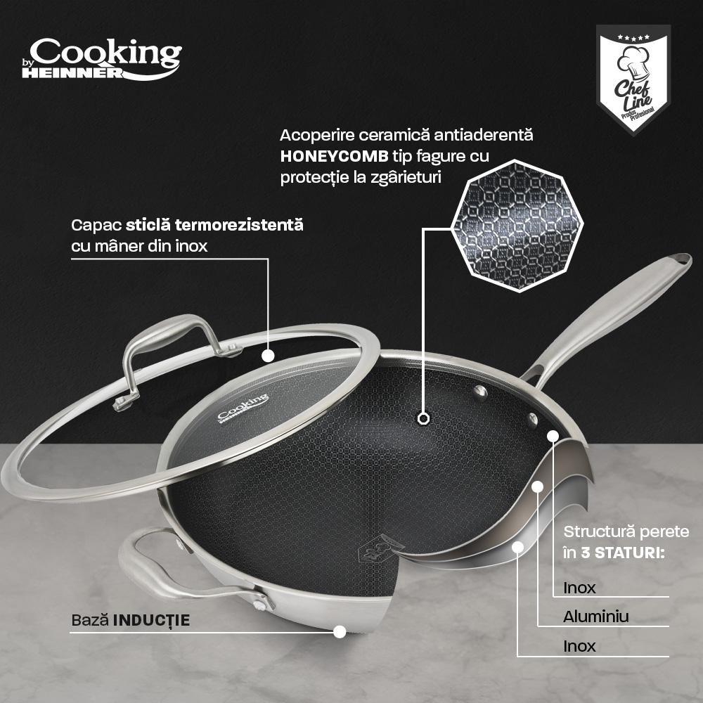 Tigaie wok cu capac sticla Cooking by Heinner Titanium, 3 straturi, 30 x 8.5 cm, 4.5 L