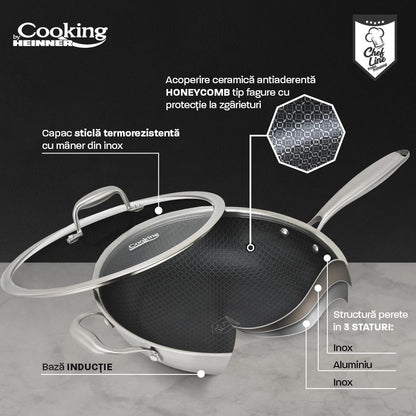 Tigaie wok cu capac sticla Cooking by Heinner Titanium, 3 straturi, 30 x 8.5 cm, 4.5 L